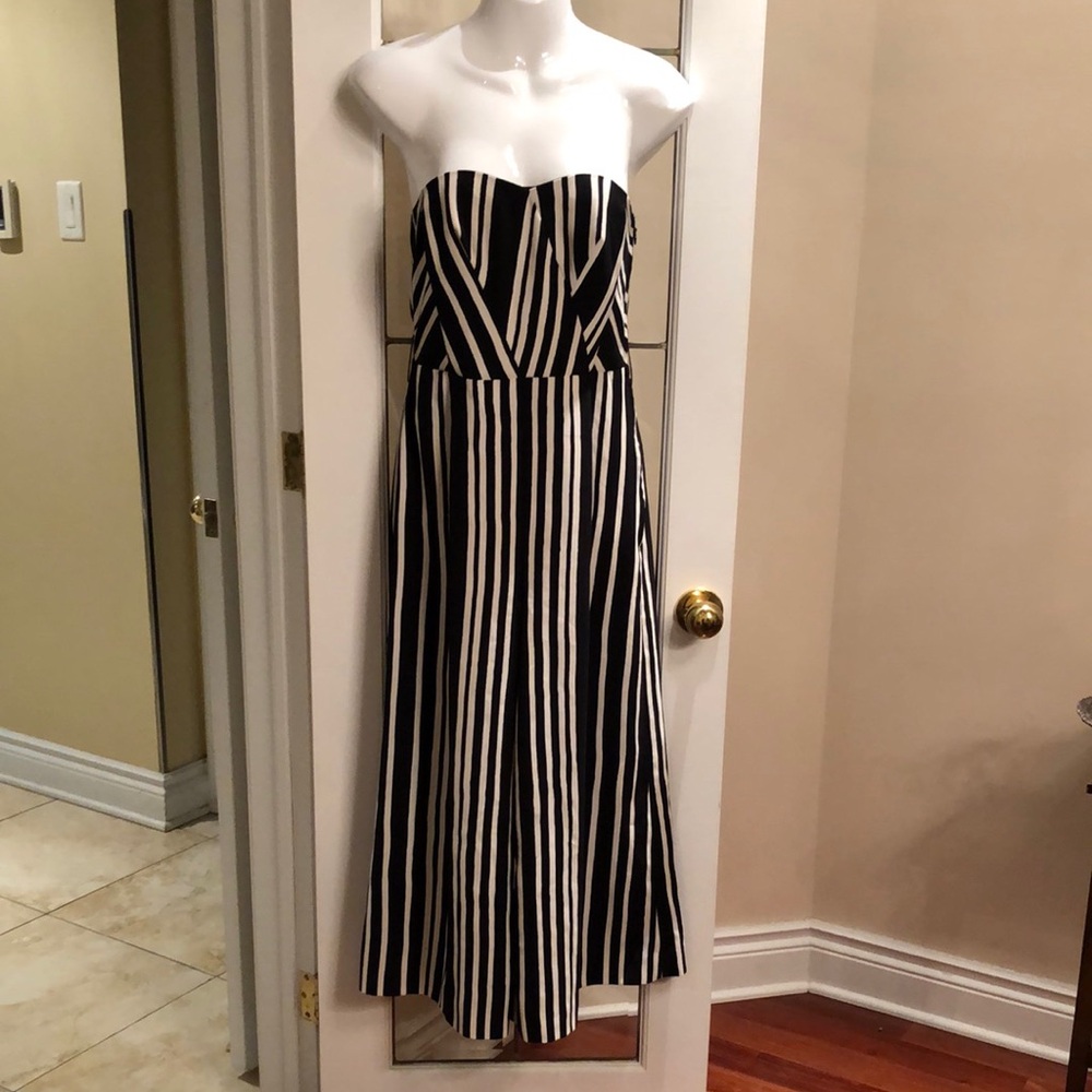 Black and White Striped Strapless Jumpsuit